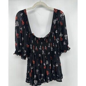 Free People Peasant Boho Floral Shirt Large Tunic Smocked Cld shoulder Sheer